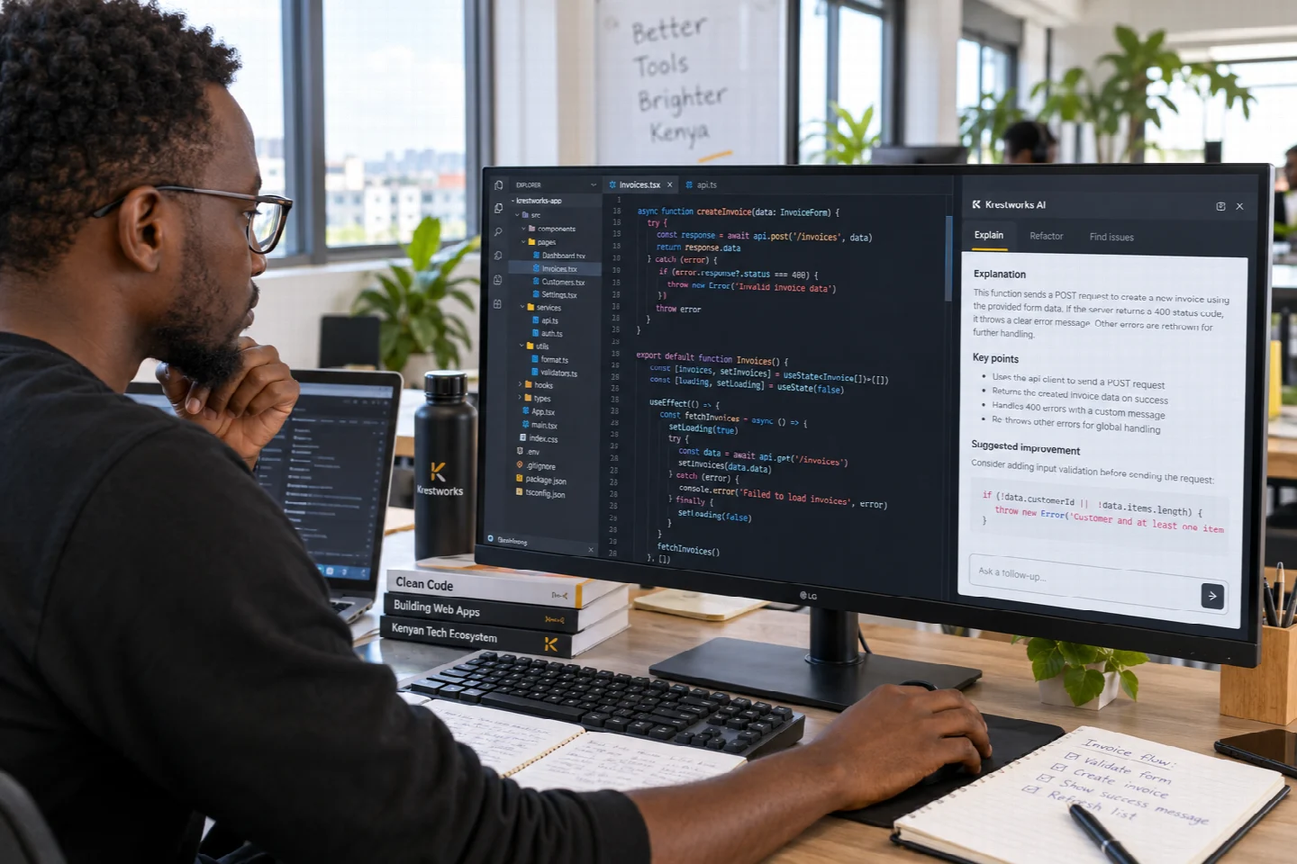 A page-specific view of code assistant in a Kenyan technology setting