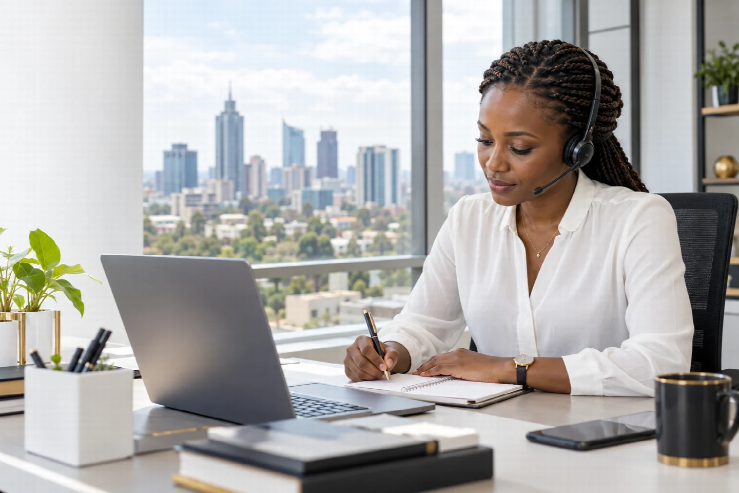 A Kenyan customer support specialist listening to a client