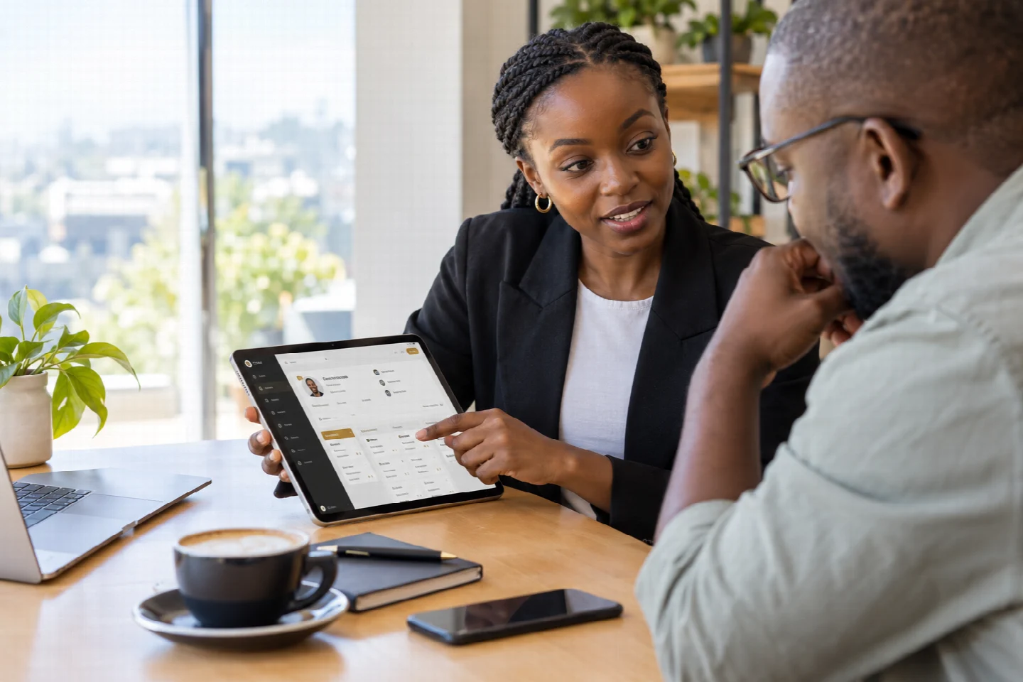 A Kenyan account manager reviewing a customer record