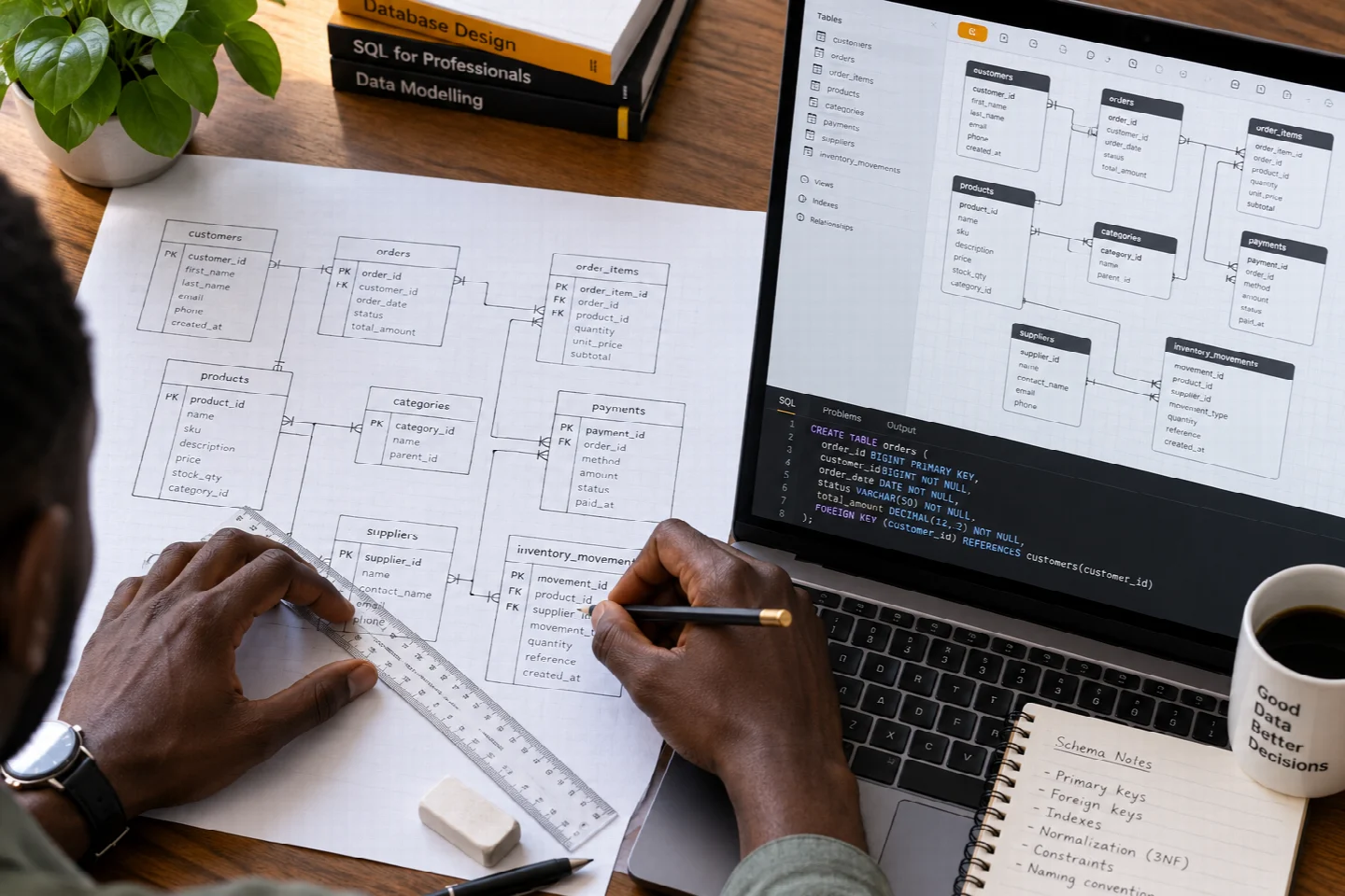 A page-specific view of db schema designer in a Kenyan technology setting