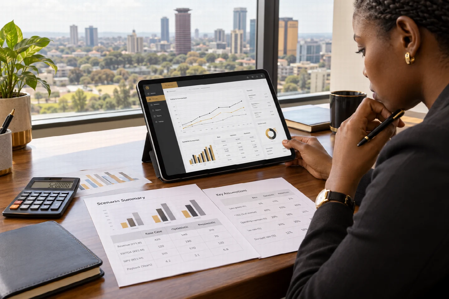 A business analyst comparing financial scenarios