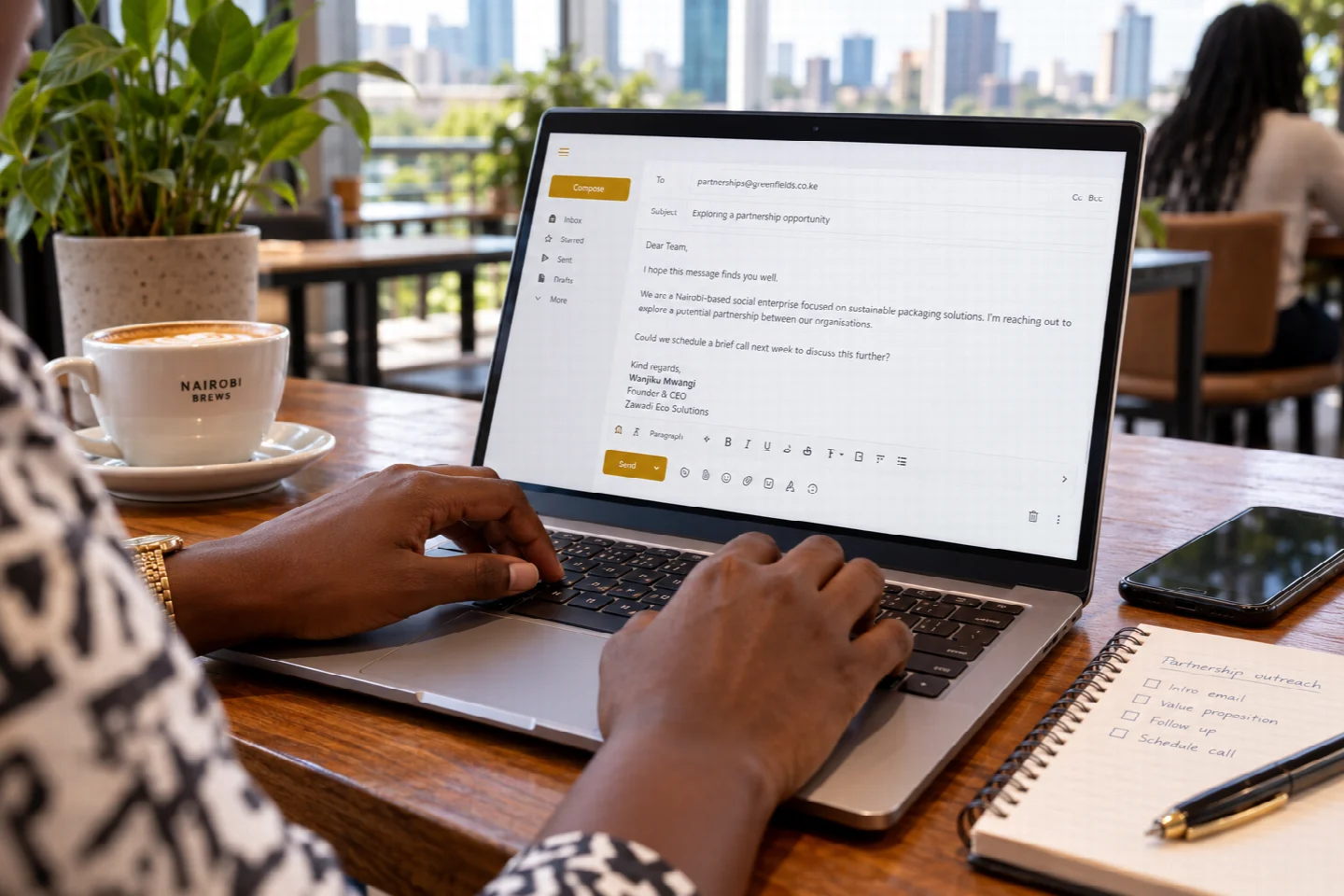 A page-specific view of email writer in a Kenyan technology setting