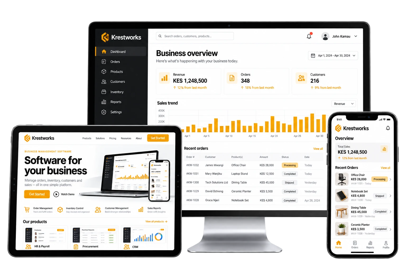 Krestworks business dashboard on a desktop, website on a tablet and mobile app on a phone