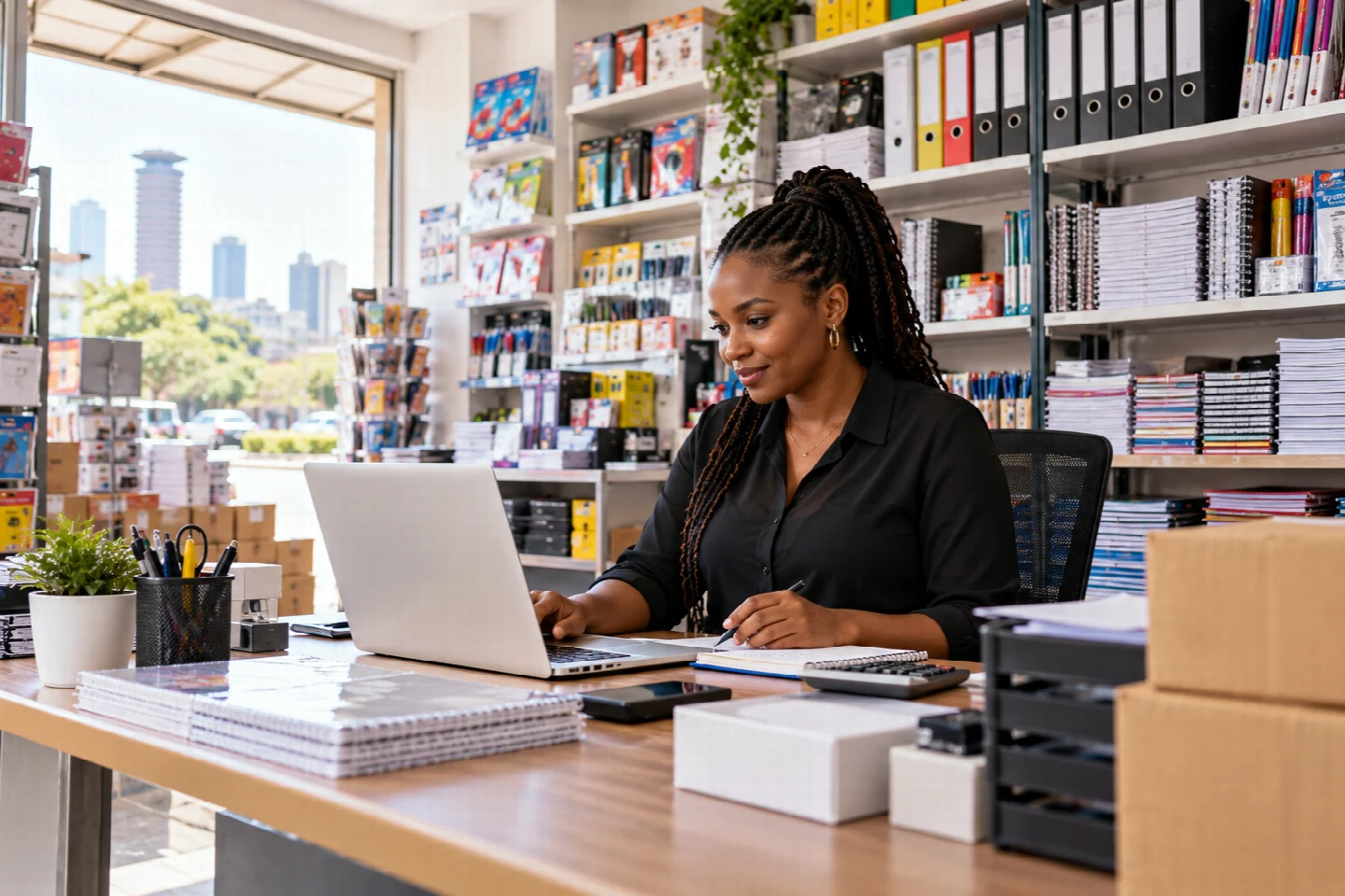A Kenyan business owner using software to manage her day-to-day business