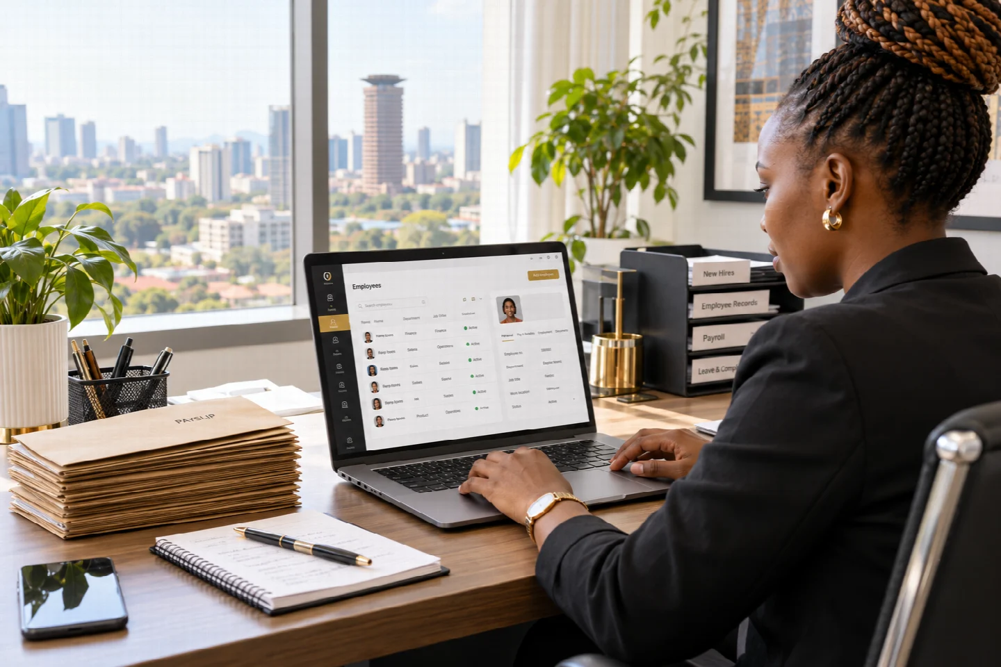 An HR specialist reviewing employee records and payroll