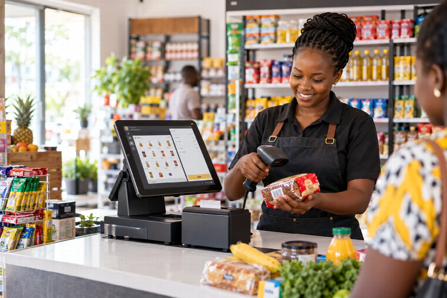 A Kenyan shop owner using a point-of-sale terminal
