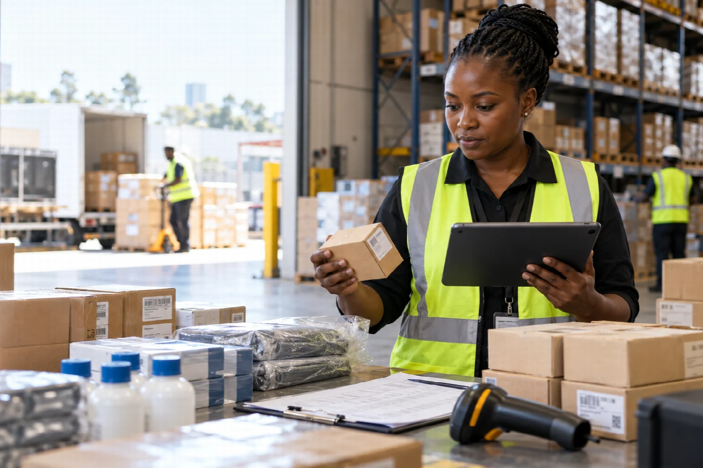 A procurement manager checking deliveries against a purchase order