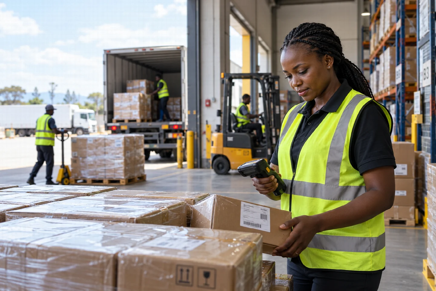 A logistics worker tracking stock in a Kenyan distribution centre