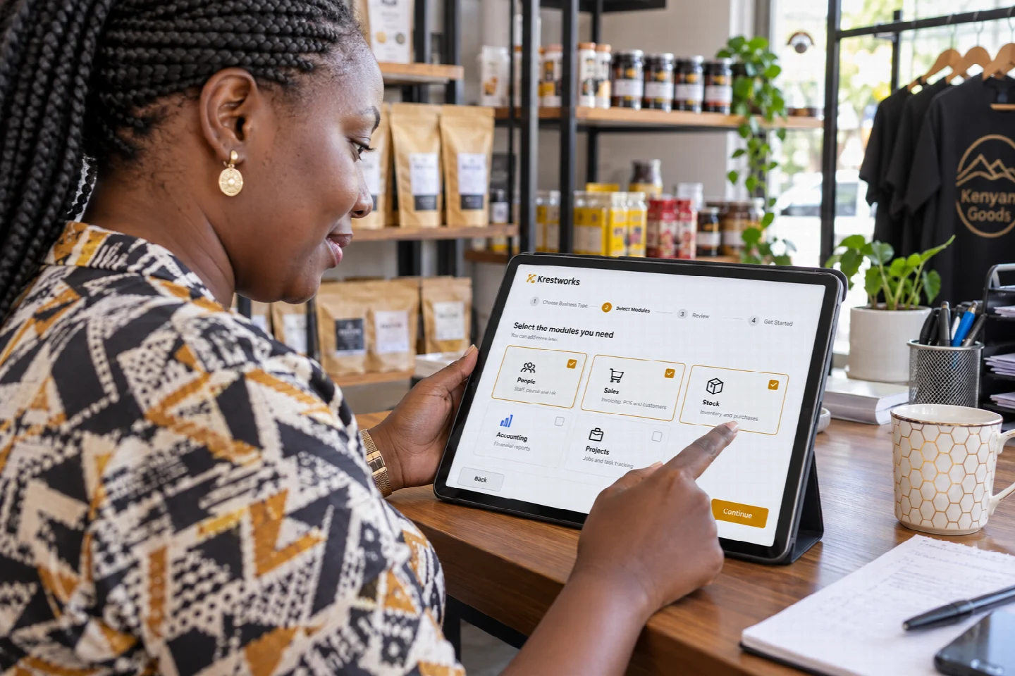 A page-specific view of system selector in a Kenyan technology setting