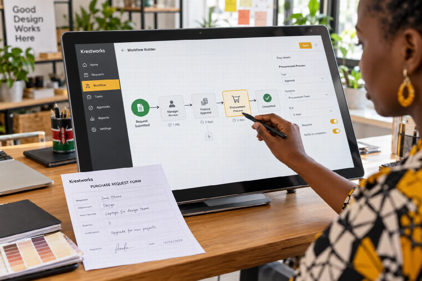 A page-specific view of workflow builder in a Kenyan technology setting
